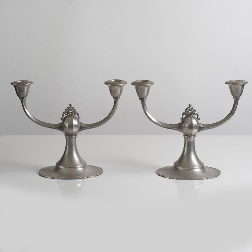 Pair of decorated pewter candle sticks for Edlunds Silverfabrik, Sweden. M4086