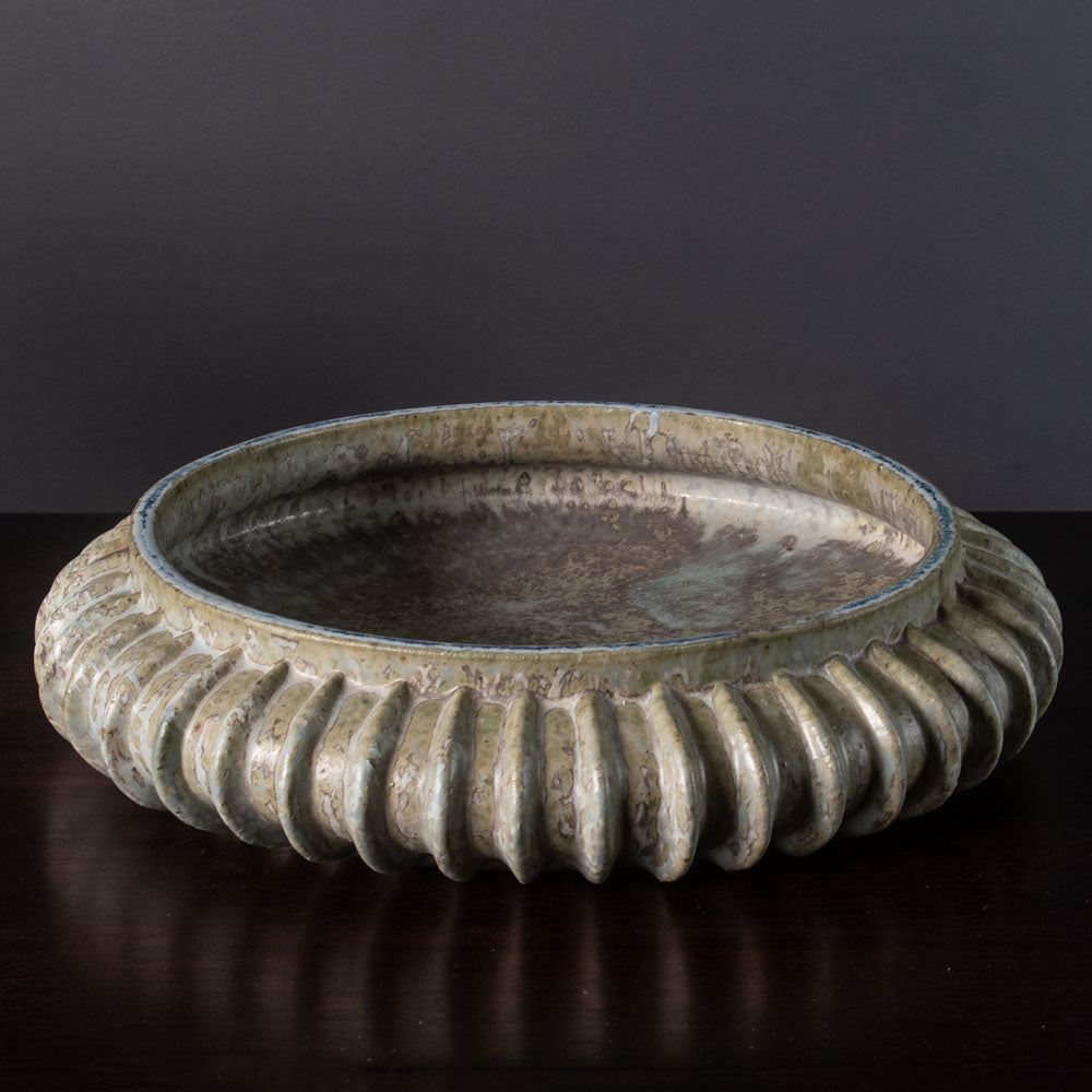 Arne Bang, Denmark, large flat ribbed bowl with olive-gray and blue glaze H1305