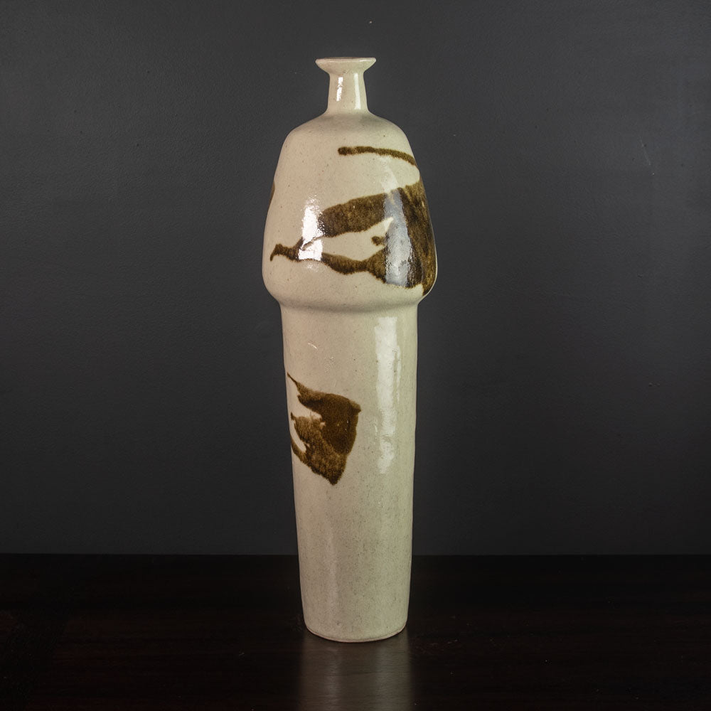 Ingeborg and Bruno Asshoff, Germany, unique tall stoneware vase with glossy brown and white glaze J1500