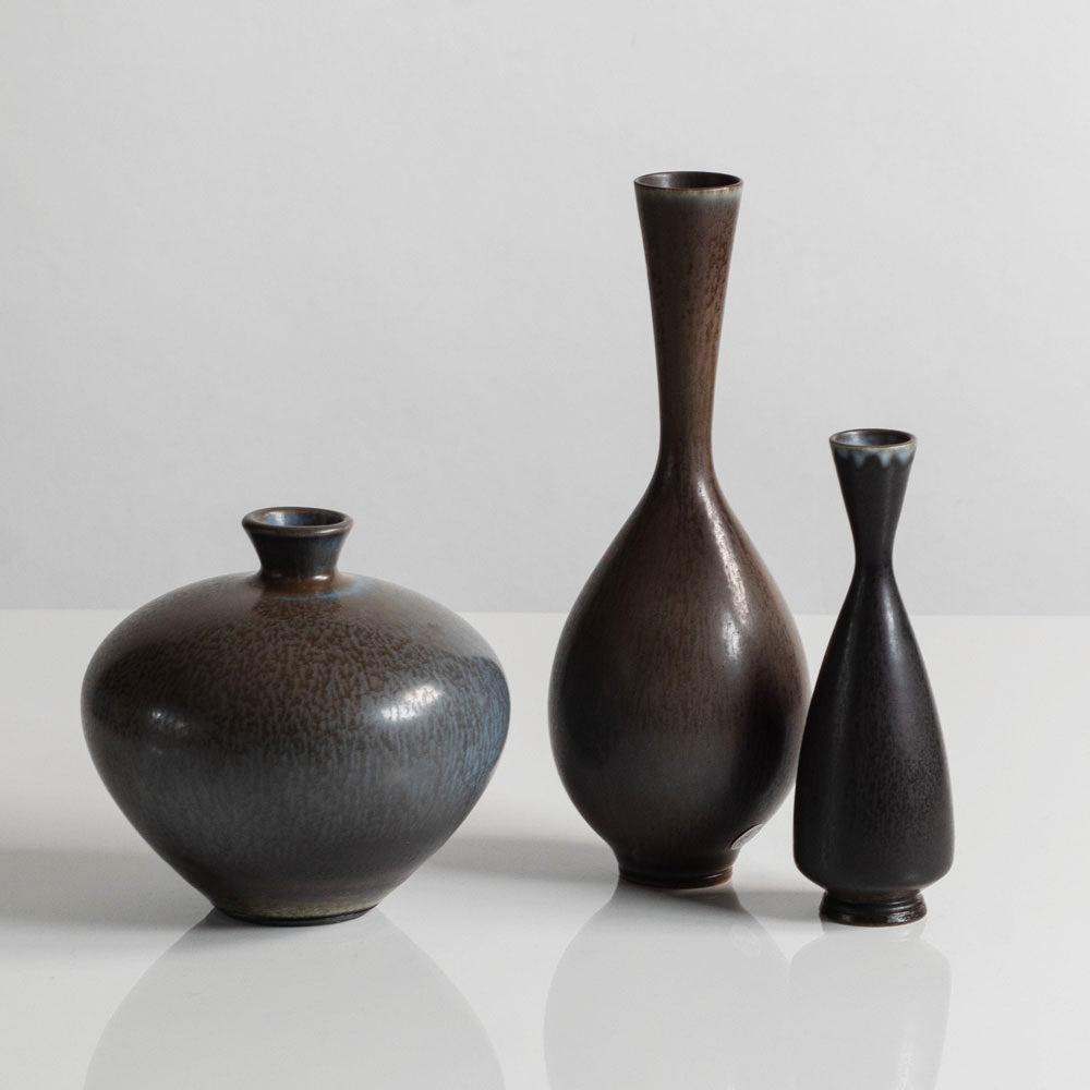 Three vases with blue gray haresfur glaze by Berndt Friberg for Gustavsberg, Sweden