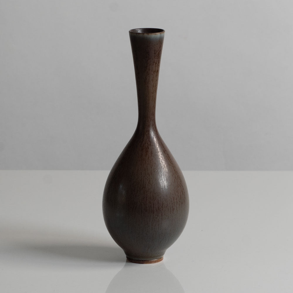 Berndt Friberg for Gustavsberg, Sweden, unique stoneware cabinet vase with dark gray-brown haresfur glaze M5624