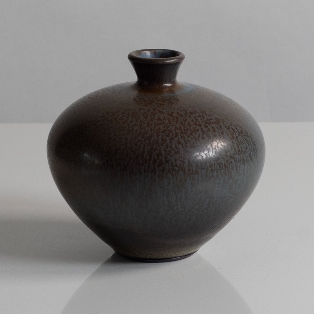 Berndt Friberg for Gustavsberg, Sweden, unique stoneware cabinet vase with dark gray-brown haresfur glaze M5620