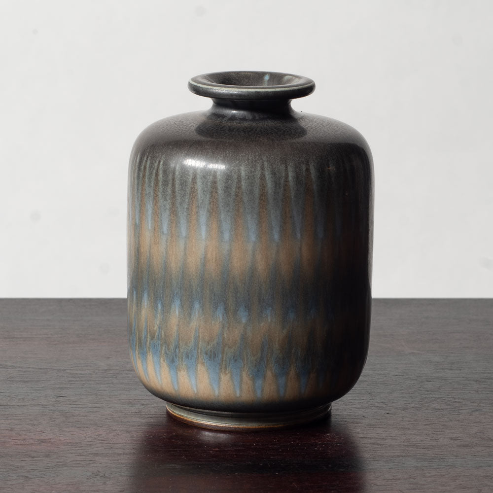 Berndt Friberg for Gustavsberg, Sweden, unique stoneware patterned vase with brown and blue haresfur glaze L3398