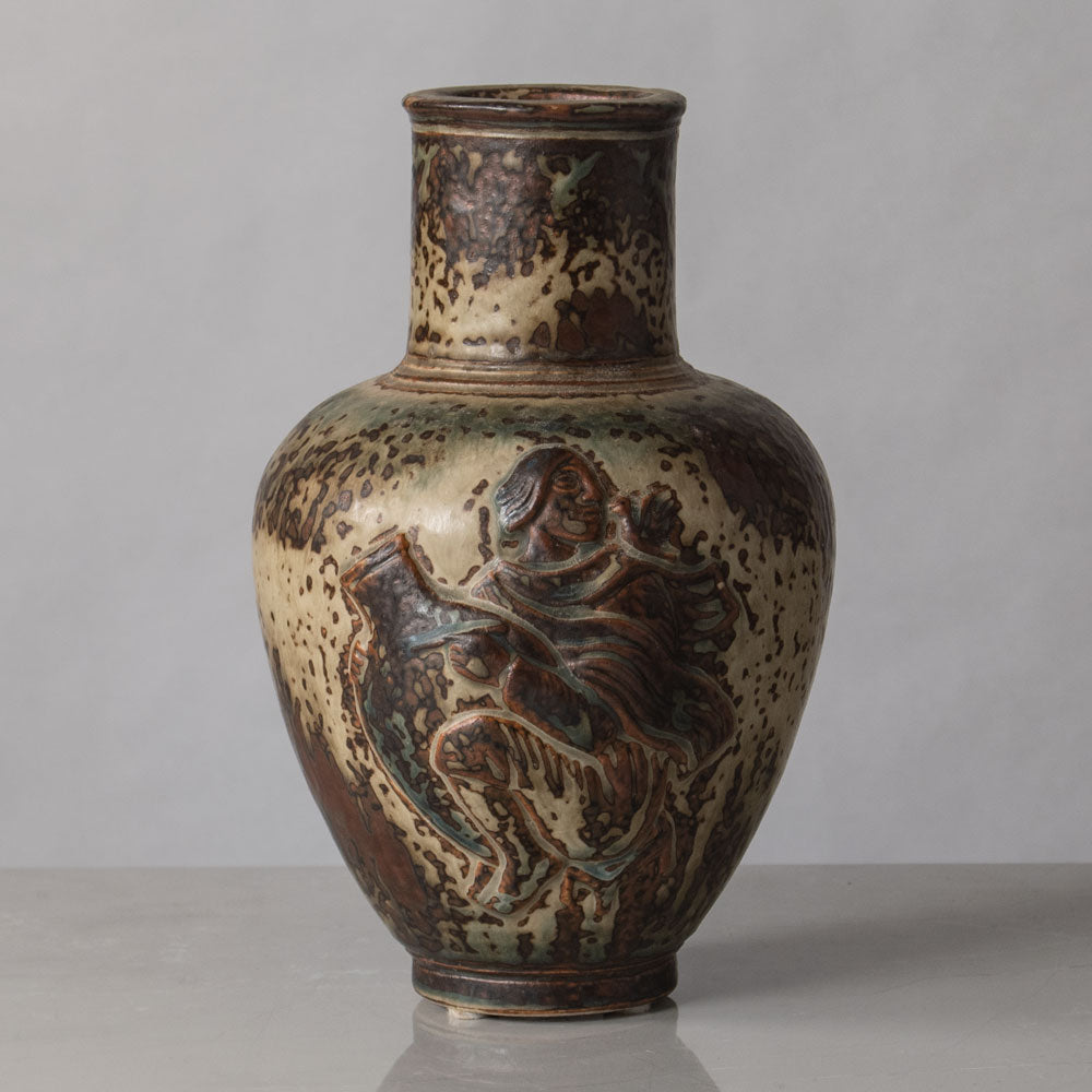 Jais Nielsen for Royal Copenhagen, Denmark, stoneware vase with figures in relief N2789