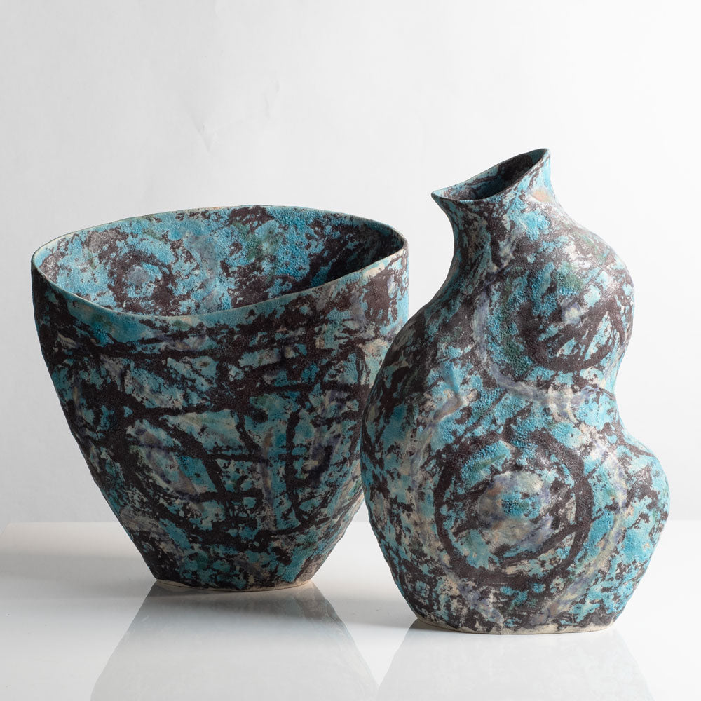 Two turquoise coil-built vessels by Julian King-Salter, UK