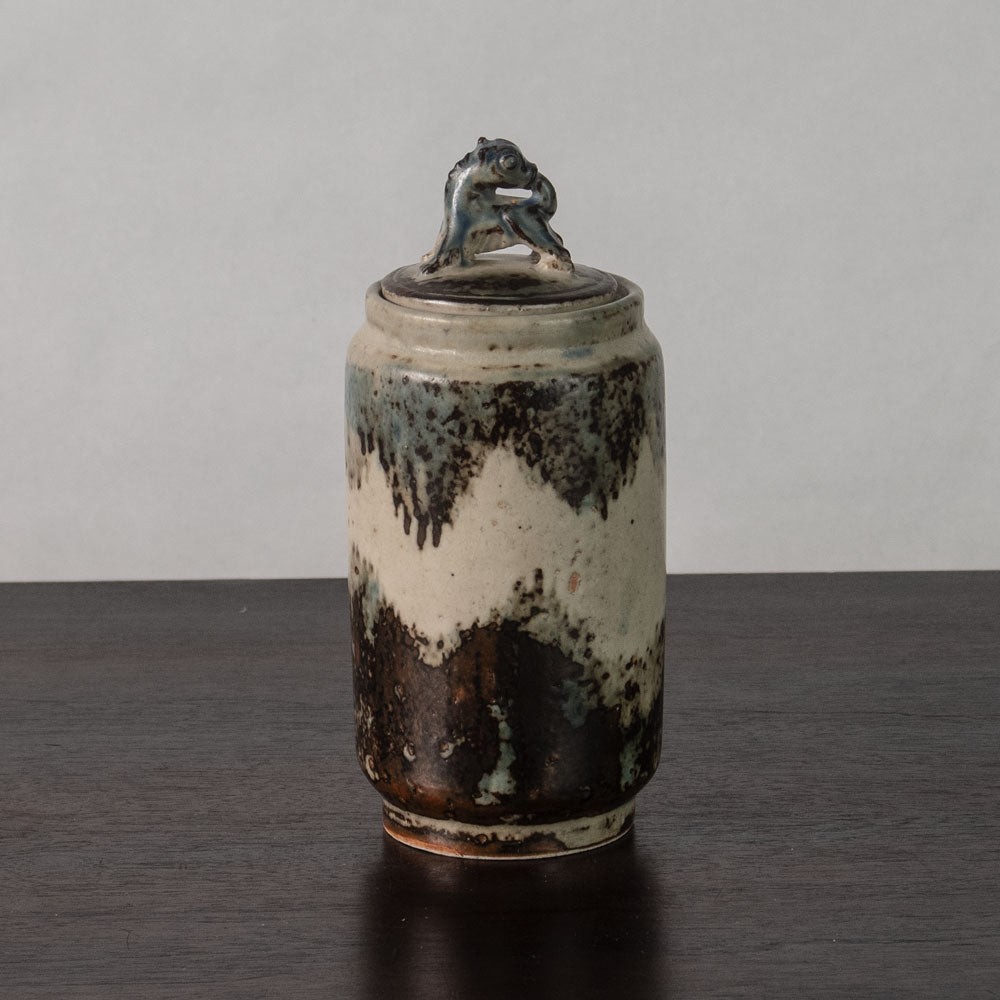 Jais Nielsen for Royal Copenhagen, Denmark, lidded jar with brown and blue Sung glaze J1659