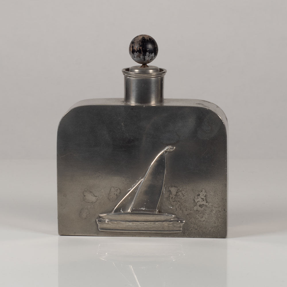 GAB Tenn, Sweden, pewter flask with sailboat relief K2747
