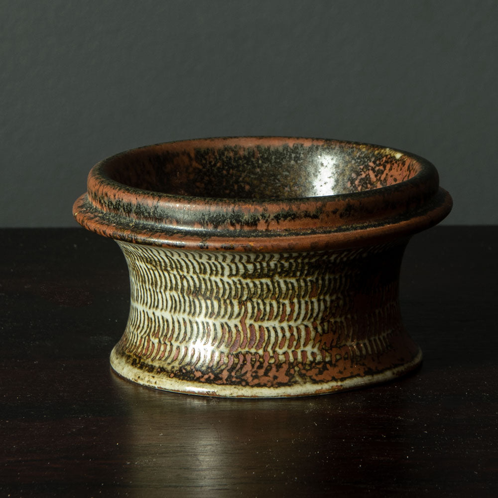 Stig Lindberg for Gustavsberg, unique stoneware bowl with impressed pattern and matte brown glaze 