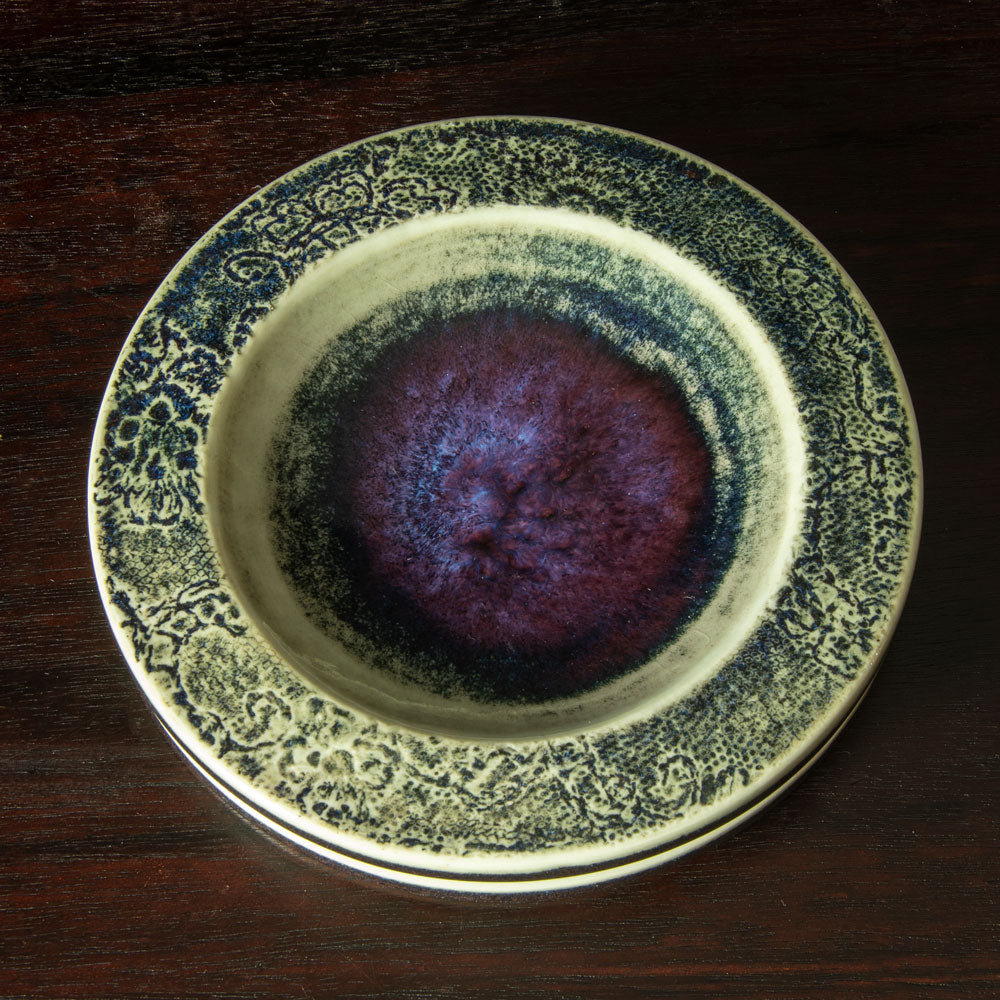 Stig Lindberg for Gustavsberg, unique stoneware dish with impressed pattern and glossy purple, black and off-white glaze H1411