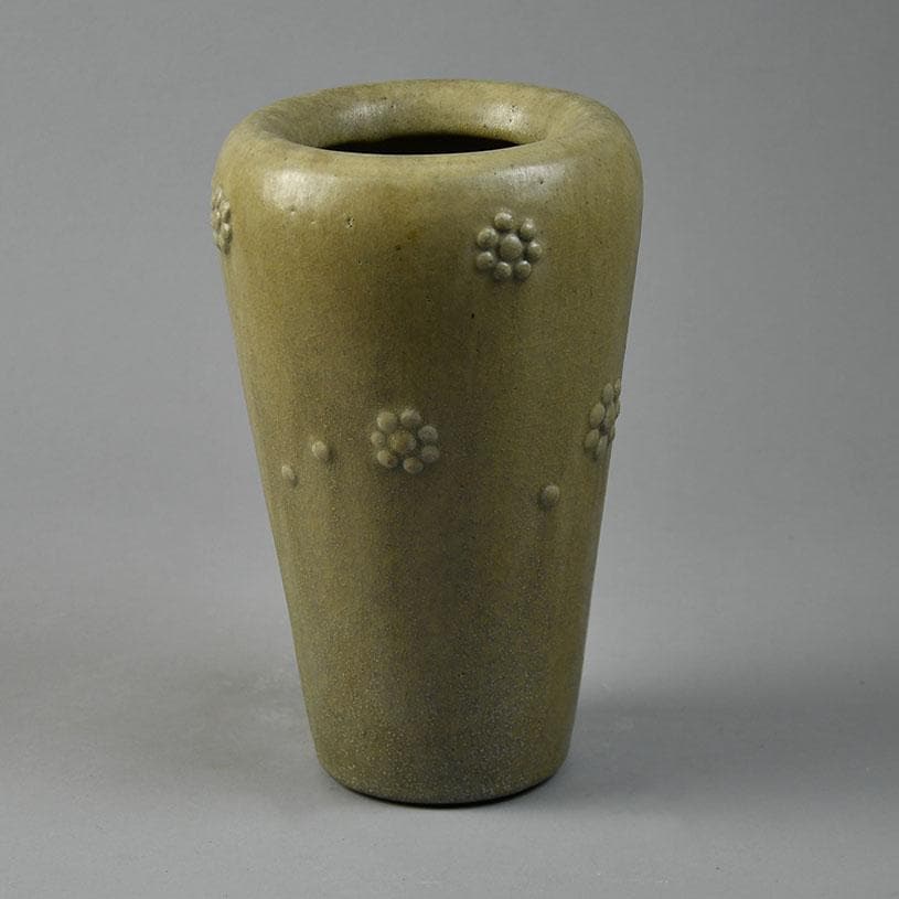 Arne Bang, Denmark, large stoneware vase with rosettes and buff glaze