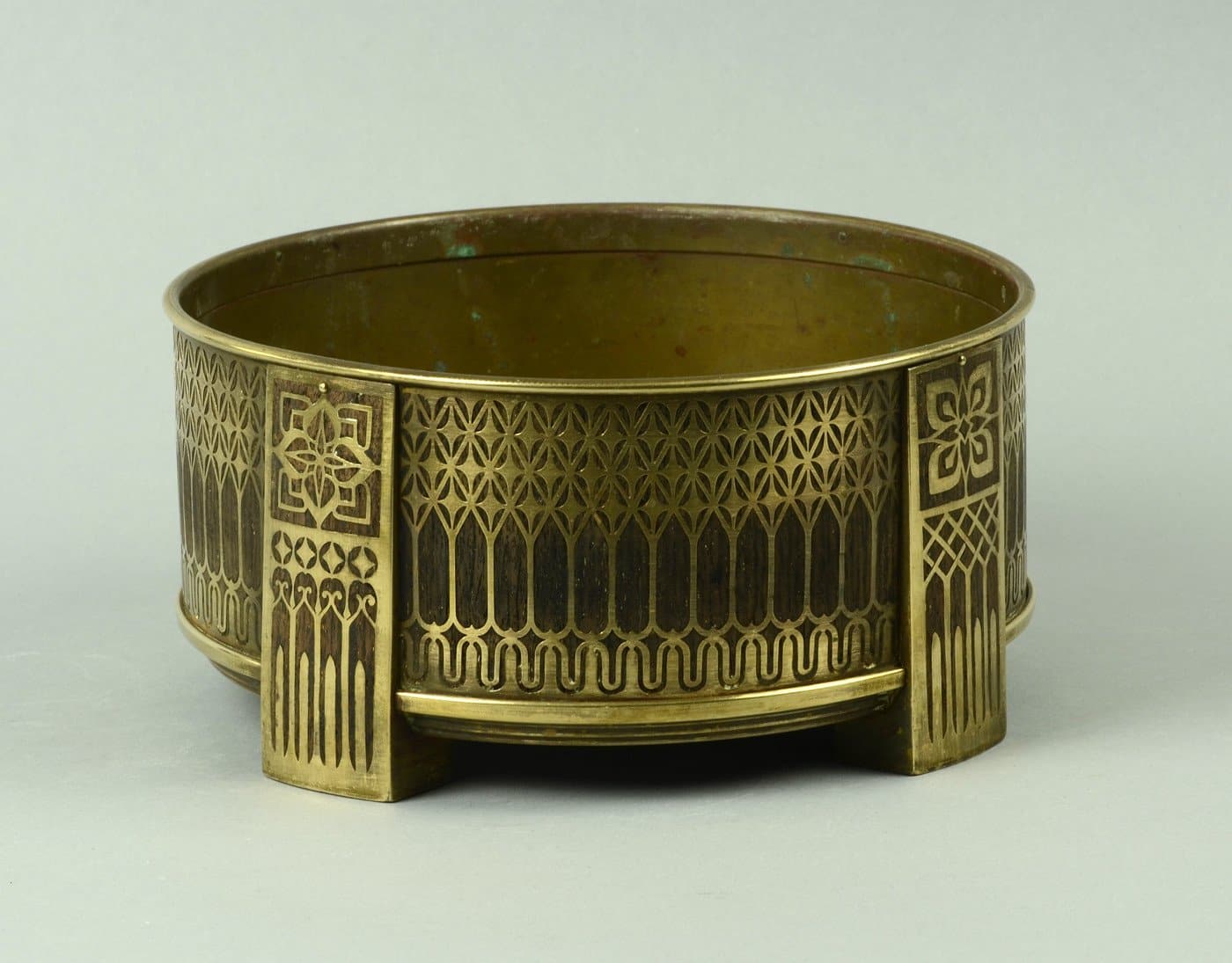 Brass and teak inlaid footed cylindrical bowl by Erhard and Sohne A1245 ...