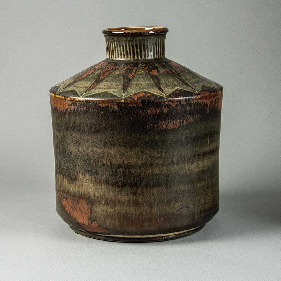 Carl Harry Stålhane for Rörstrand, Sweden, unique stoneware vase with brown patterned glaze G9206 - Freeforms
