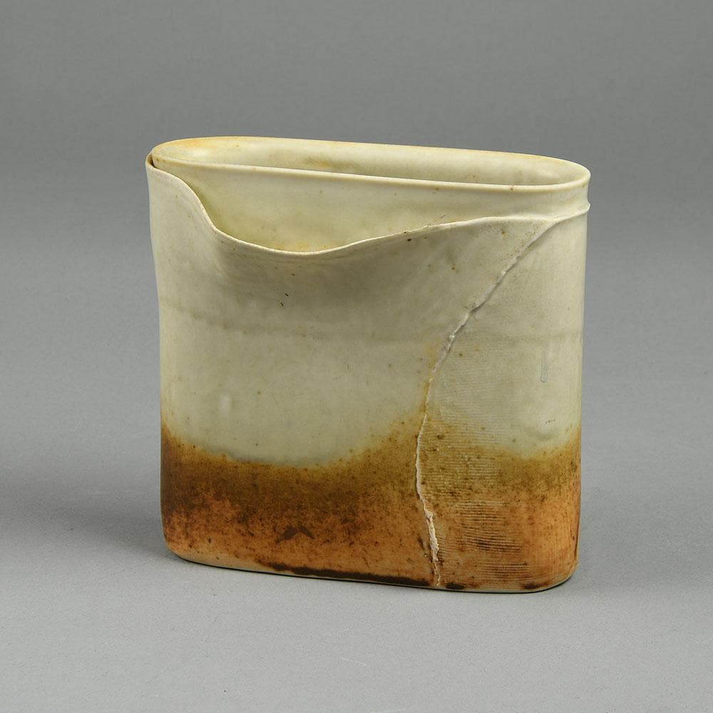 Gotlind Weigel, Germany stoneware flattened vase with cream glaze E7256 - Freeforms
