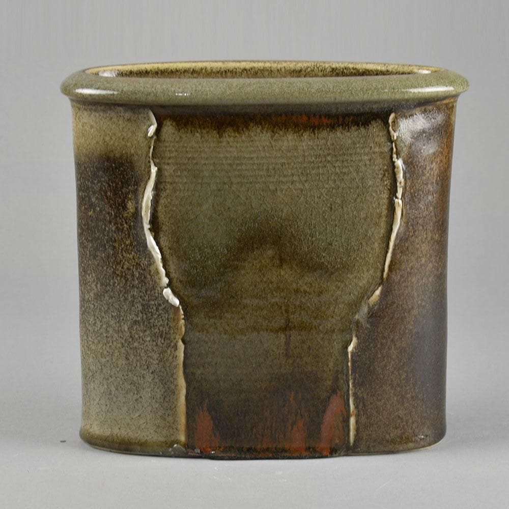 Gotlind Weigel, Germany stoneware flattened vase with glossy brown glaze E7255 - Freeforms