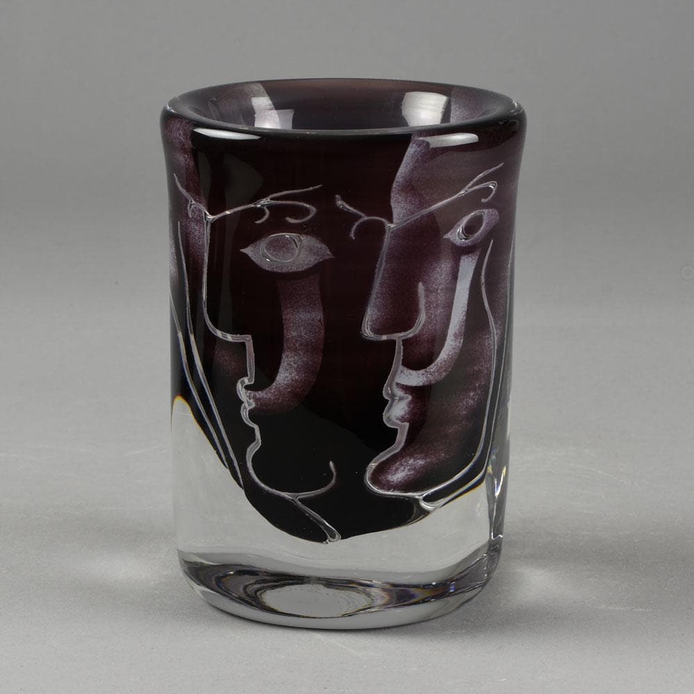 Ingeborg Lundin for Orrefors, Purple "Ariel" vase with faces F8051 - Freeforms