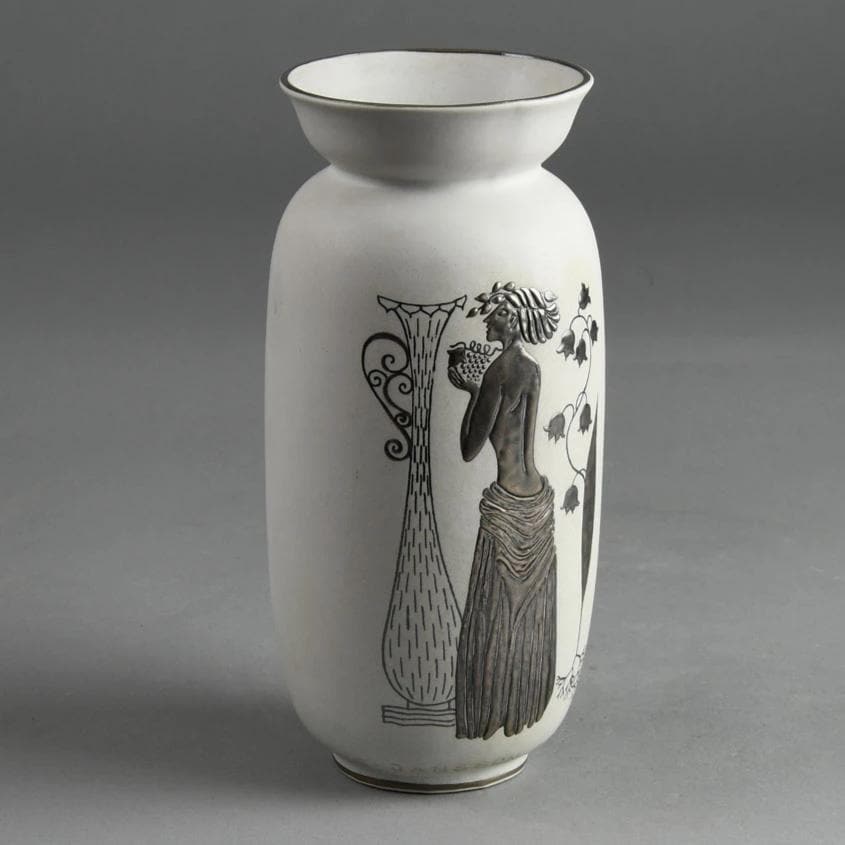 Stig Lindberg for Gustavsberg "Grazia" vase with matte white glaze and applied silver decoration E7182 - Freeforms
