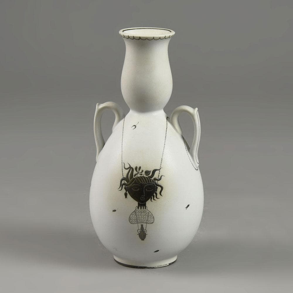 Stig Lindberg for Gustavsberg "Grazia" vase with matte white glaze and applied silver decoration E7375 - Freeforms