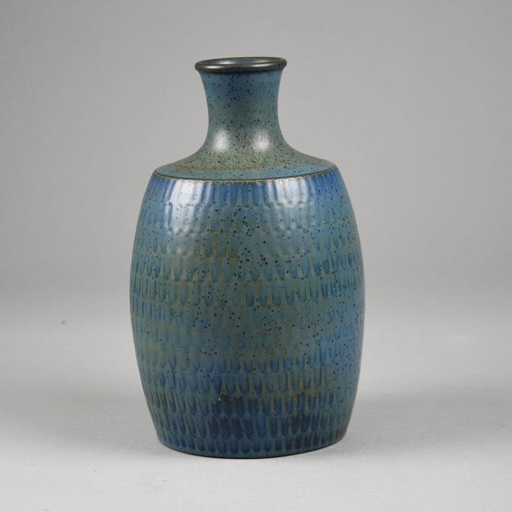 Stig Lindberg for Gustavsberg unique stoneware vase with impressed pattern and blue glaze F8214 - Freeforms