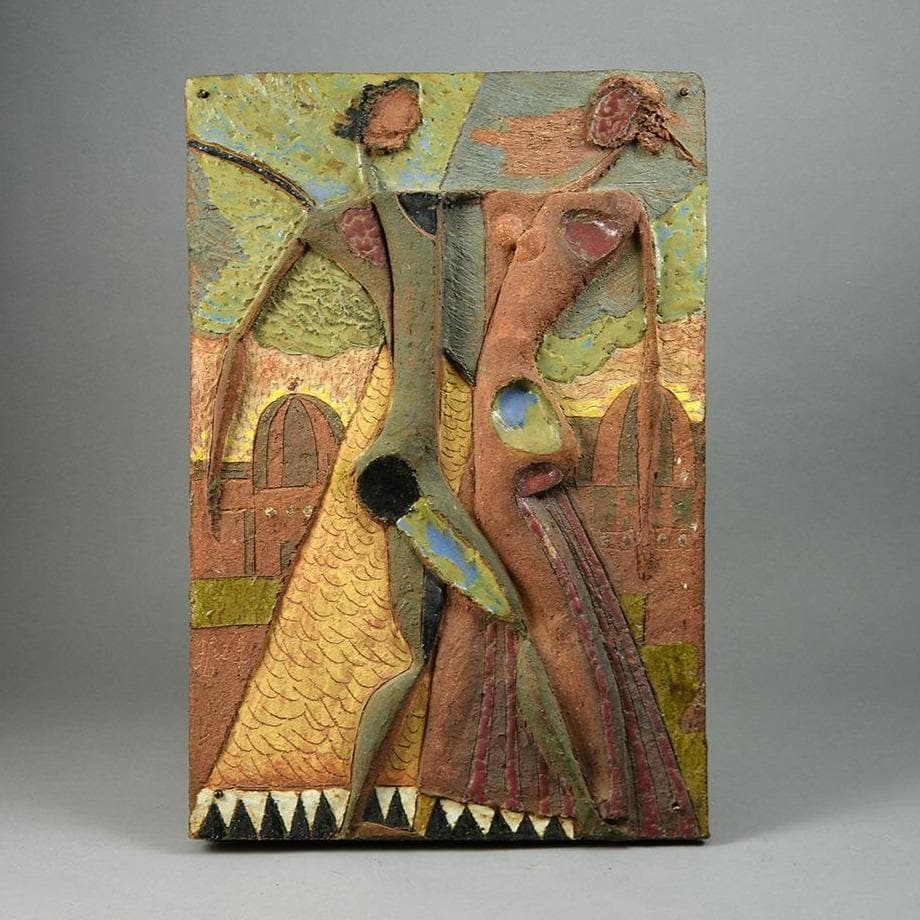 Tyra Lundgren for Gustavsberg, Unique stoneware plaque with dancing figures N6957 - Freeforms