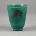 Wilhelm Kage for Gustavsberg, "Argenta" stoneware vase with fish illustration in silver over green glaze B3815 - Freeforms